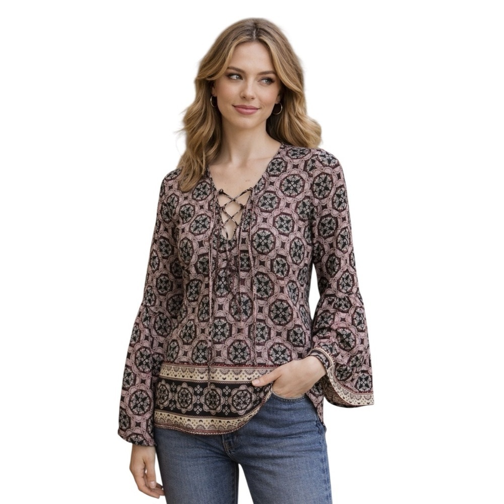 ABERCROMBIE & FITCH Boho Lace-Up Peasant Top | Medallion Print Festival Tunic